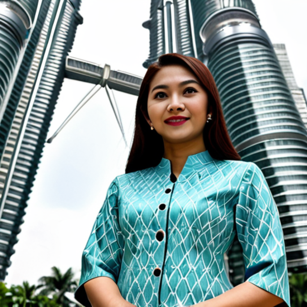 **
A Malaysian businesswoman in a modern, fully clothed baju kurung, standing confidently in front of the Petronas Twin Towers during the daytime. Appropriate attire, safe for work, perfect anatomy, natural proportions, professional photography, high quality.
**