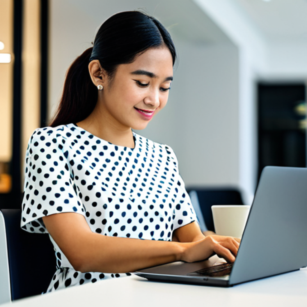 **
A professional woman in a modest, knee-length dress with short sleeves, working on a laptop at a bright and airy co-working space in Kuala Lumpur. Background shows blurred images of other professionals working. Fully clothed, appropriate attire, safe for work, perfect anatomy, natural proportions, professional photography, high quality, family-friendly.
**