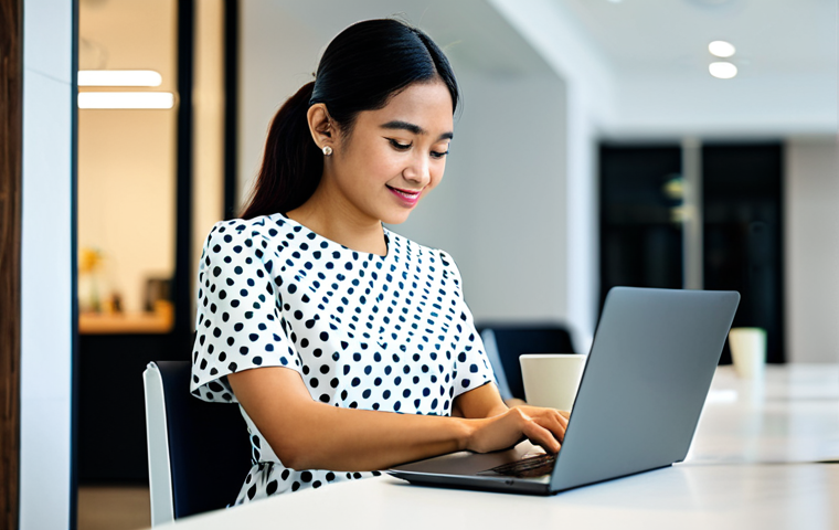 **
A professional woman in a modest, knee-length dress with short sleeves, working on a laptop at a bright and airy co-working space in Kuala Lumpur. Background shows blurred images of other professionals working. Fully clothed, appropriate attire, safe for work, perfect anatomy, natural proportions, professional photography, high quality, family-friendly.
**