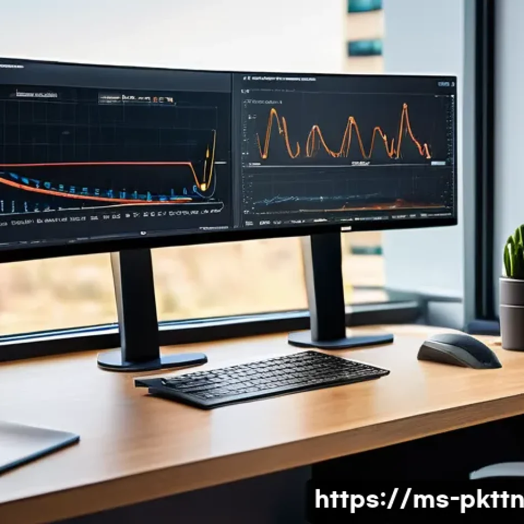 자연어 처리 모델 튜닝의 성과를 시각화하는 방법 - A modern data scientist workspace featuring a large curved monitor displaying an interactive line gr...