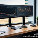 Home 22 자연어 처리 모델 튜닝의 성과를 시각화하는 방법 - A modern data scientist workspace featuring a large curved monitor displaying an interactive line gr...