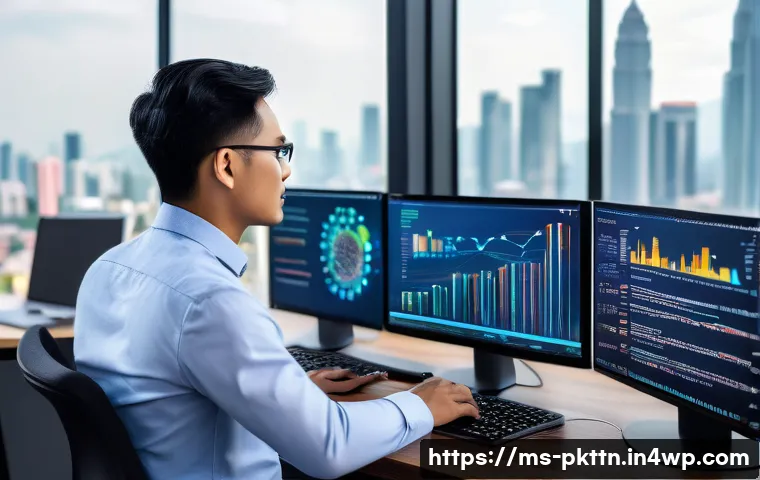 자연어 처리 모델 튜닝에서의 자동화 기법 활용 - A modern Malaysian data scientist in a bright office, analyzing natural language processing models o...